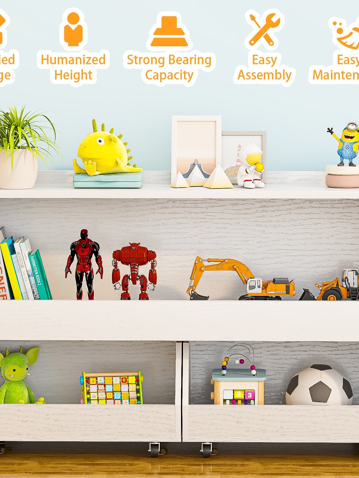 2-Tier Portable Toy Storage, Kids Toy Organizer W/2 Removable Bins with 4 Wheels（White) product image (8)