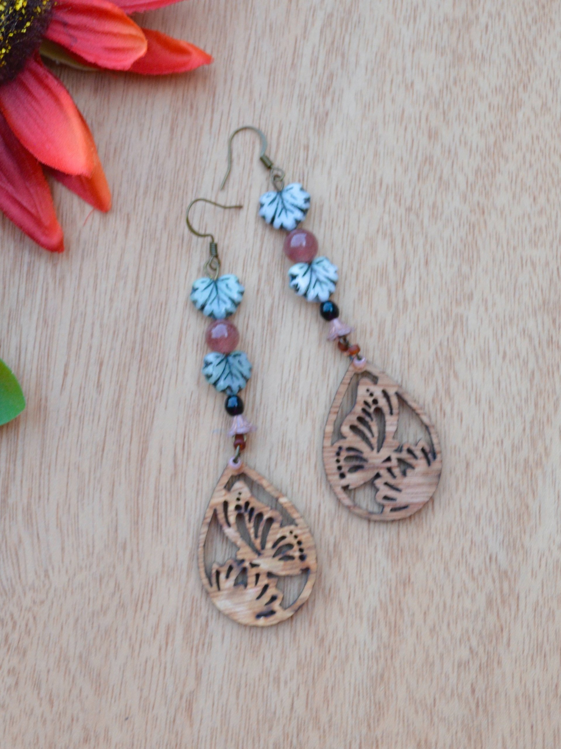 Strawberry Quartz Gemstone Dangle Earrings With Olive Green Czech Glass Leaf Beads And Lazer Cut Butterfly Wooden Teardrops product image (2)