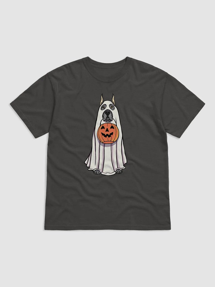 Funny Halloween Great Dane(Cropped Ears, Gray) T-Shirt | Funny Great Dane Wearing a Ghost Costume and Holding a Pumpkin Basket product image (1)