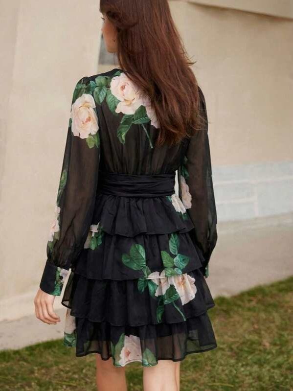 BELROSIE French V-Neck Sweet Ditsy Floral Layered Chiffon Vacation Style Short Sleeve Ruffle Hem Mini Dress For Women product image (3)