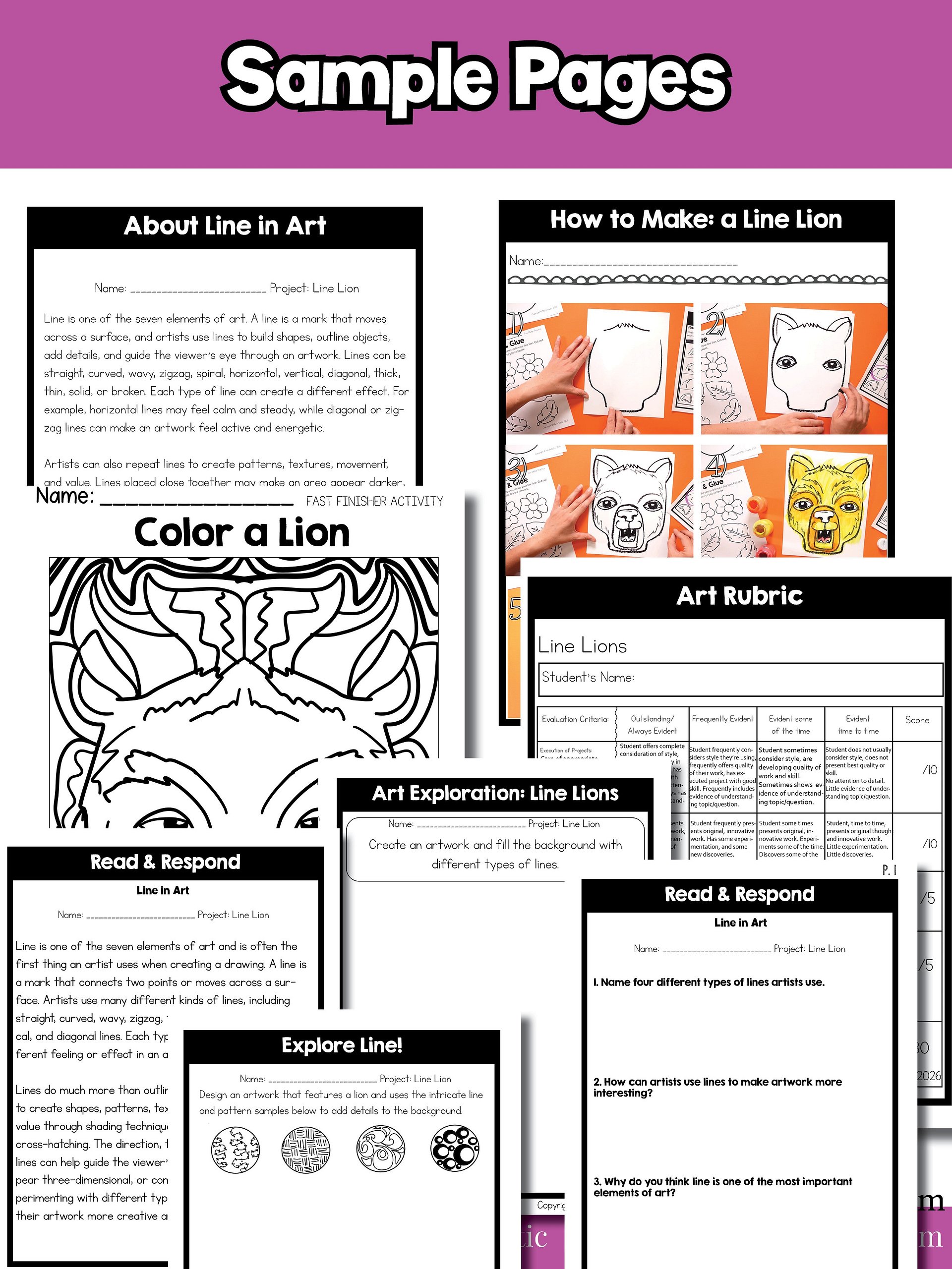 Line Art Lesson Element of Art Line 4th Grade Types of Lines Lion Art Project product image (9)