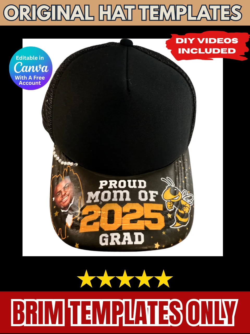 Original Hat Template - How to add an Image to the Bottom Brim of Your Hat - DIY Video Included - PDF PSD PNG Editable in Canva product image (2)
