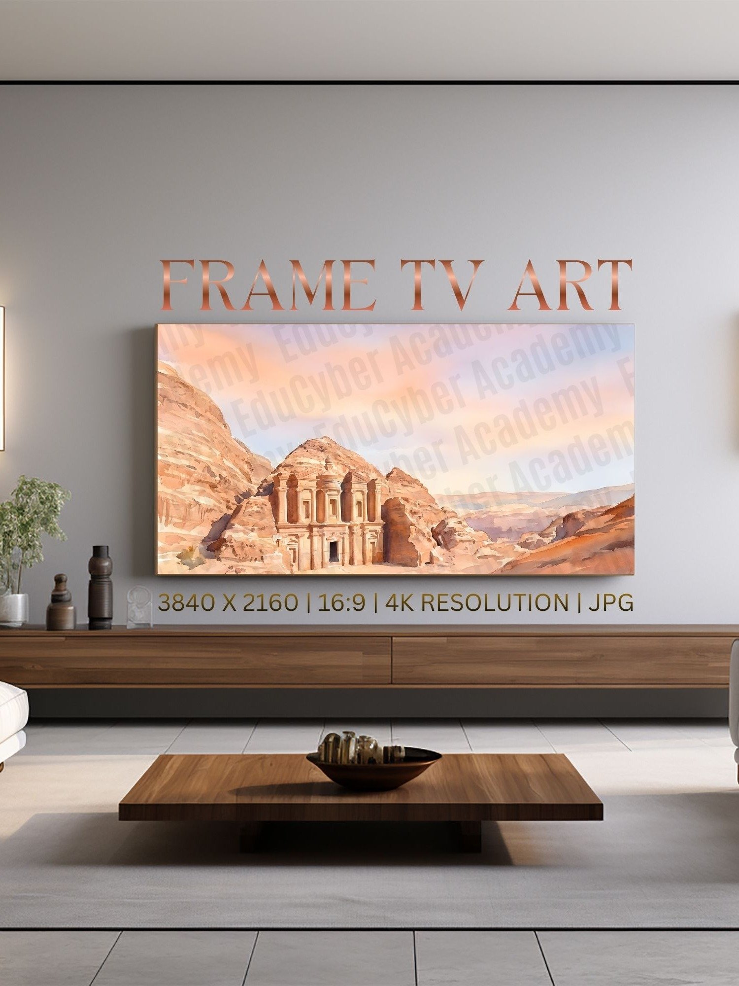 Seven Wonders of the World The Petra in Jordan Pastel Frame TV Art and Desktop Laptop Background Wallpaper Watercolor Image 4K Resolution 300 dpi product image (7)