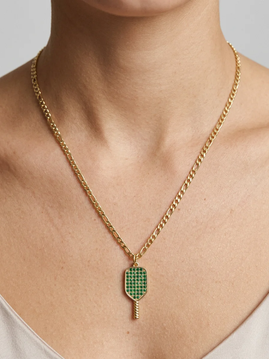 Emerald Ace Pickleball Paddle Necklace | Gold Figaro Chain with Green Crystal Pendant product image (2)