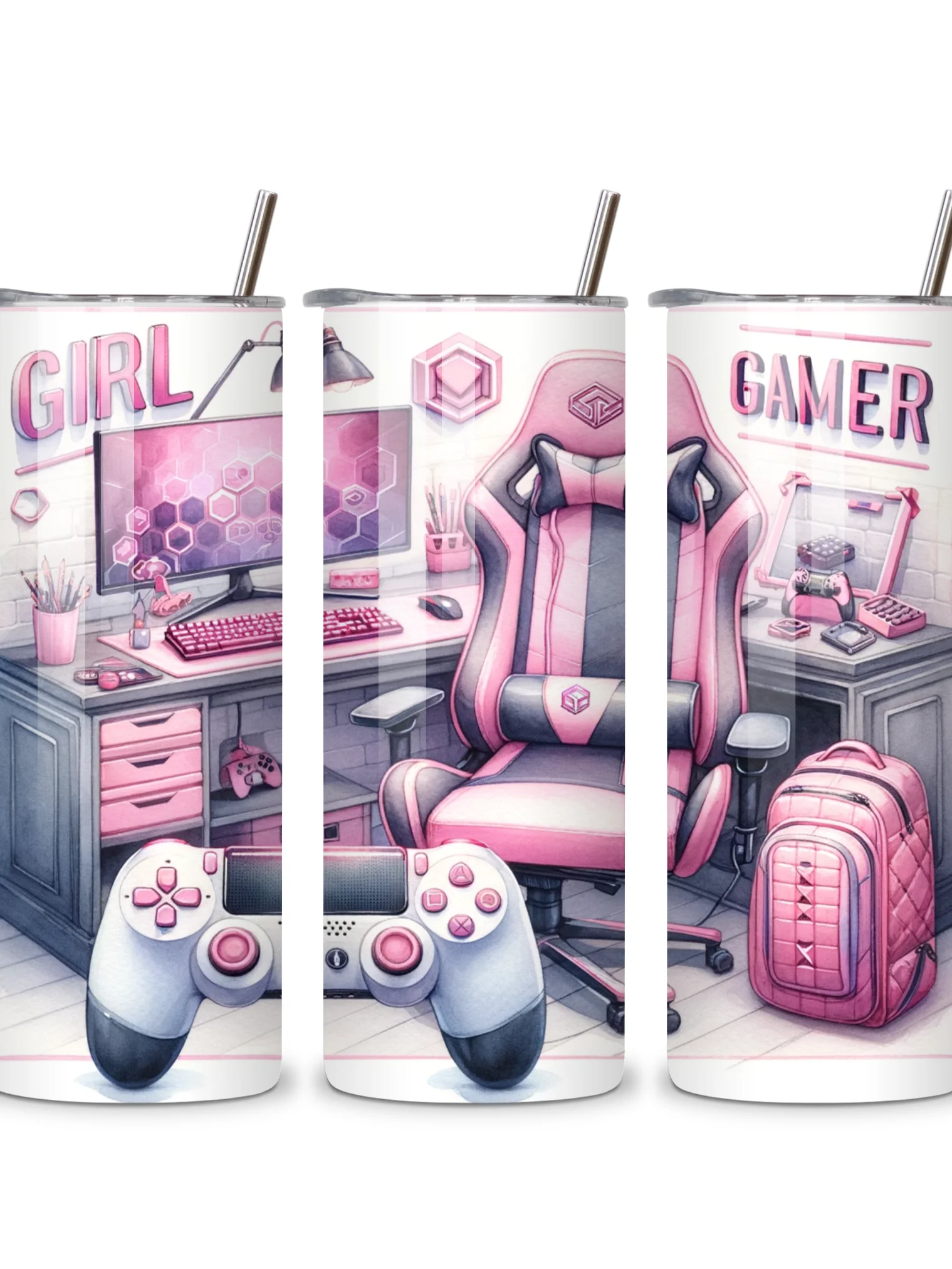 Girl Gamer 20oz Skinny Tumbler with Metal Straw – Stylish Pink Gaming Setup Design – Double-Walled Insulated Stainless Steel Tumbler for Hot & Cold Drinks, Perfect Gift for Female Gamers product image (4)