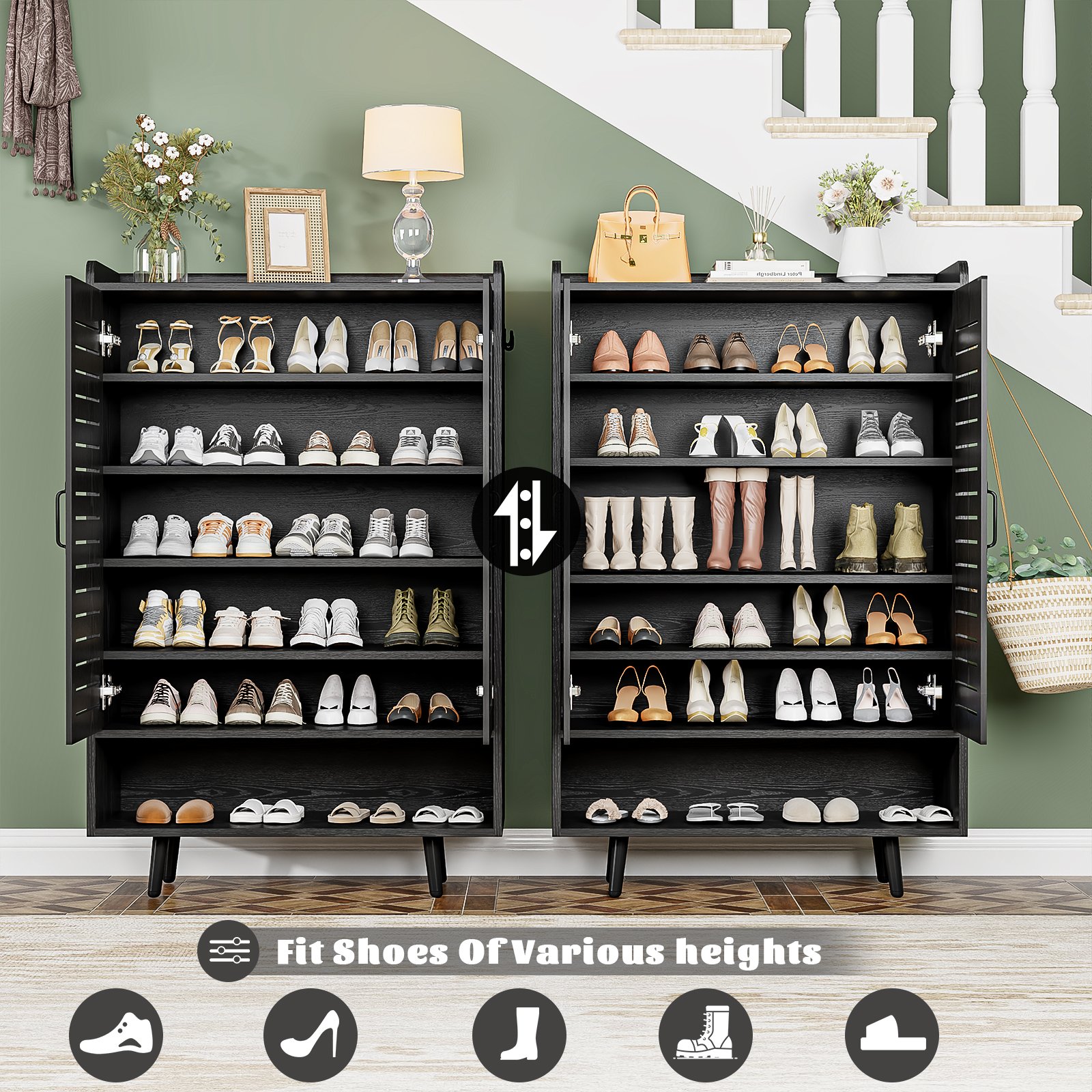 7 Tier Shoe Cabinet with Doors Shoe Storage Cabinet with Adjustable Shelves,50" Large Wooden Shoe Cabinet Storage for Closet, Shoe Organizer for Entryway, Hallway, Black product image (6)