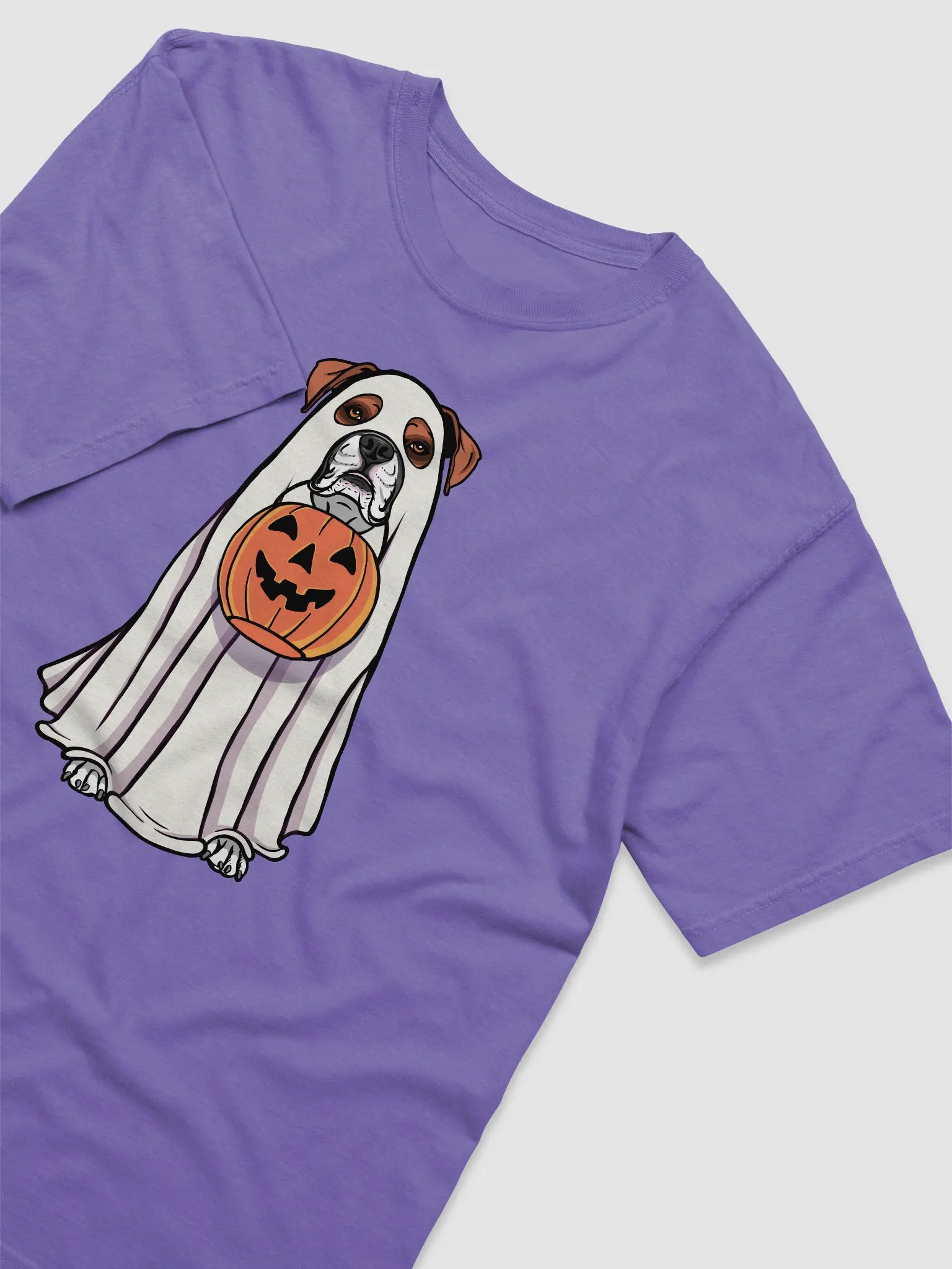 Funny Halloween Boxer Dog(2) T-Shirt | Funny Boxer Wearing a Ghost Costume and Holding a Pumpkin Basket product image (6)