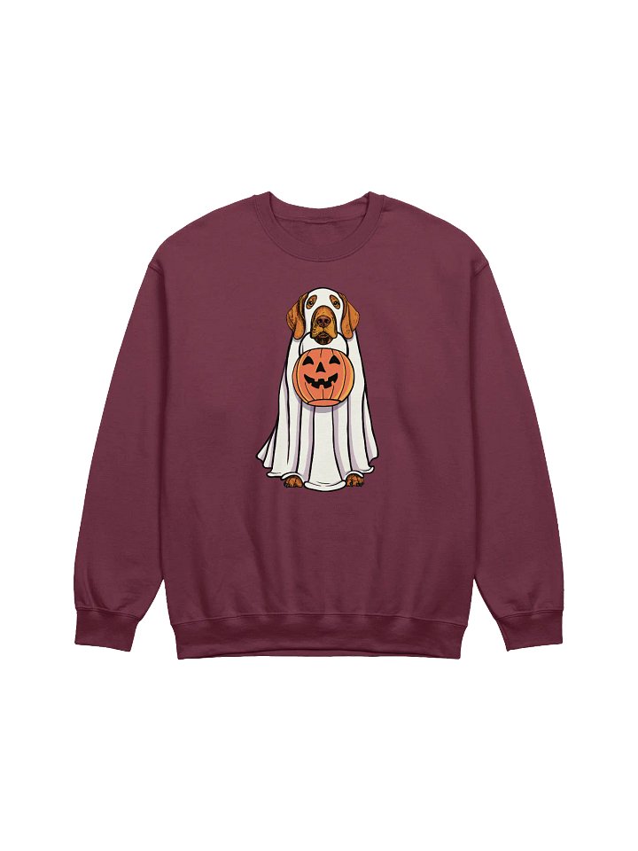 Funny Halloween Vizsla Sweatshirt | Funny Vizsla Wearing a Ghost Costume and Holding a Pumpkin Basket product image (1)