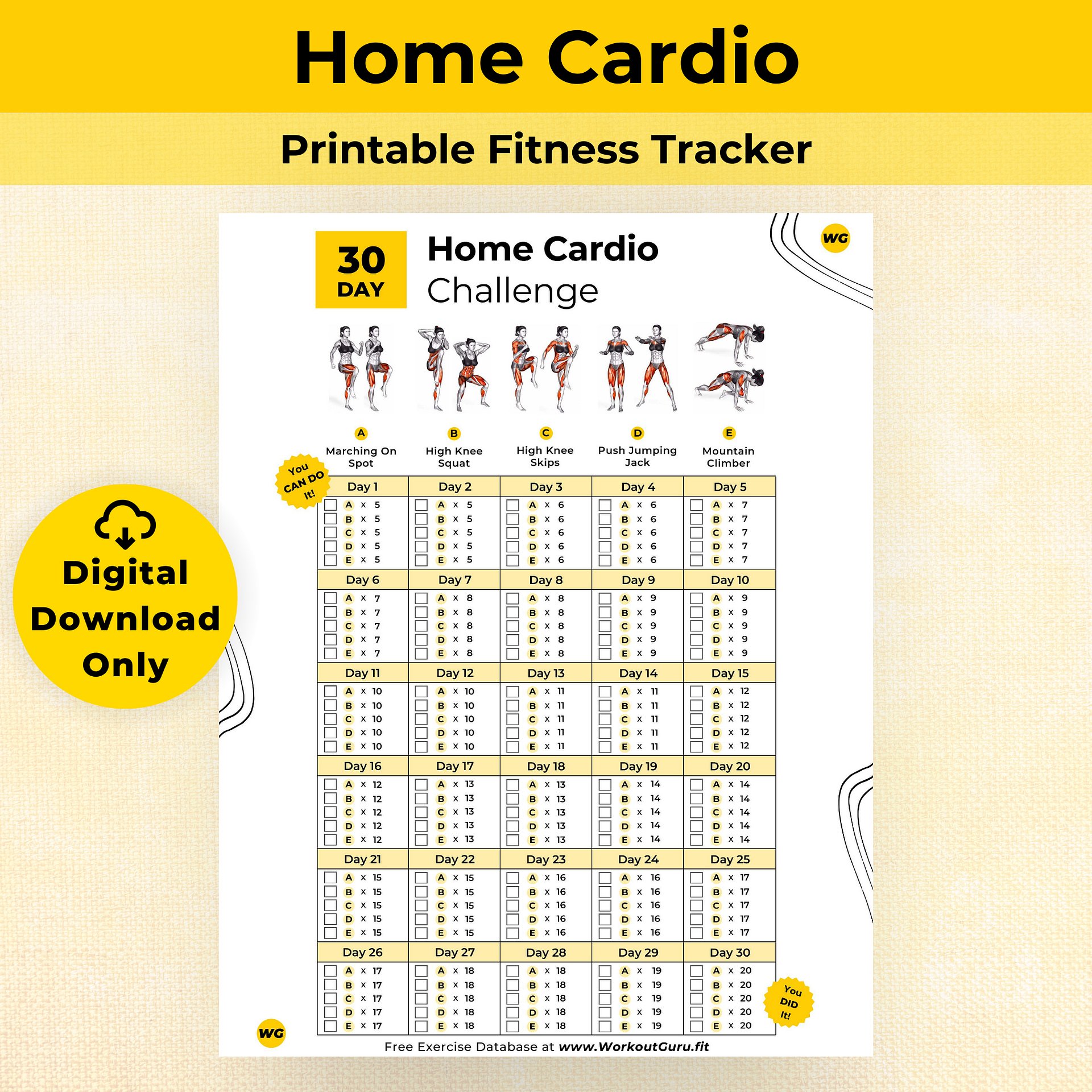 30 Day Home Cardio Challenge - Printable Workout Tracker product image (1)