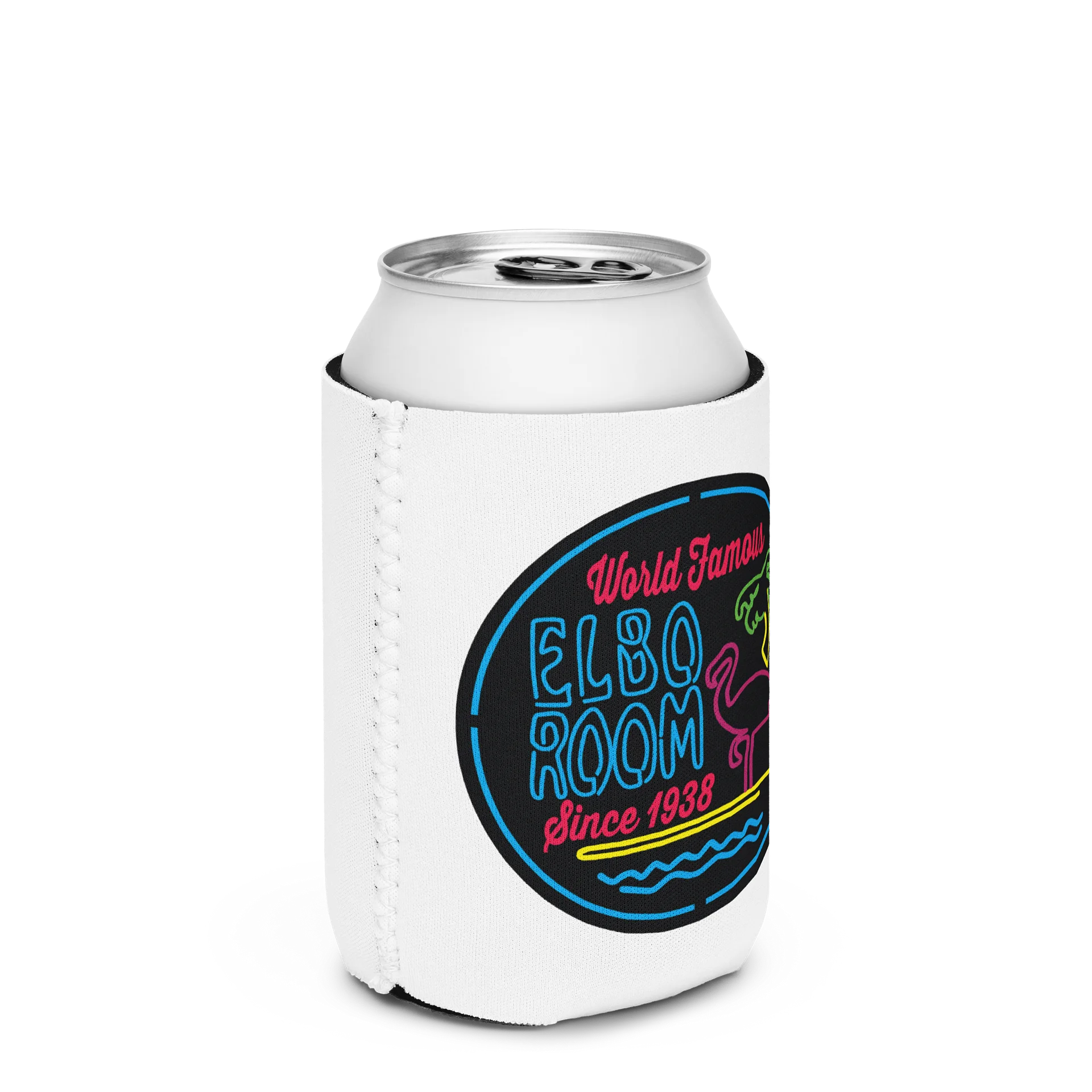 Elbo Room World Famous Neon Flamingo Can Koozie | Classic White product image (3)