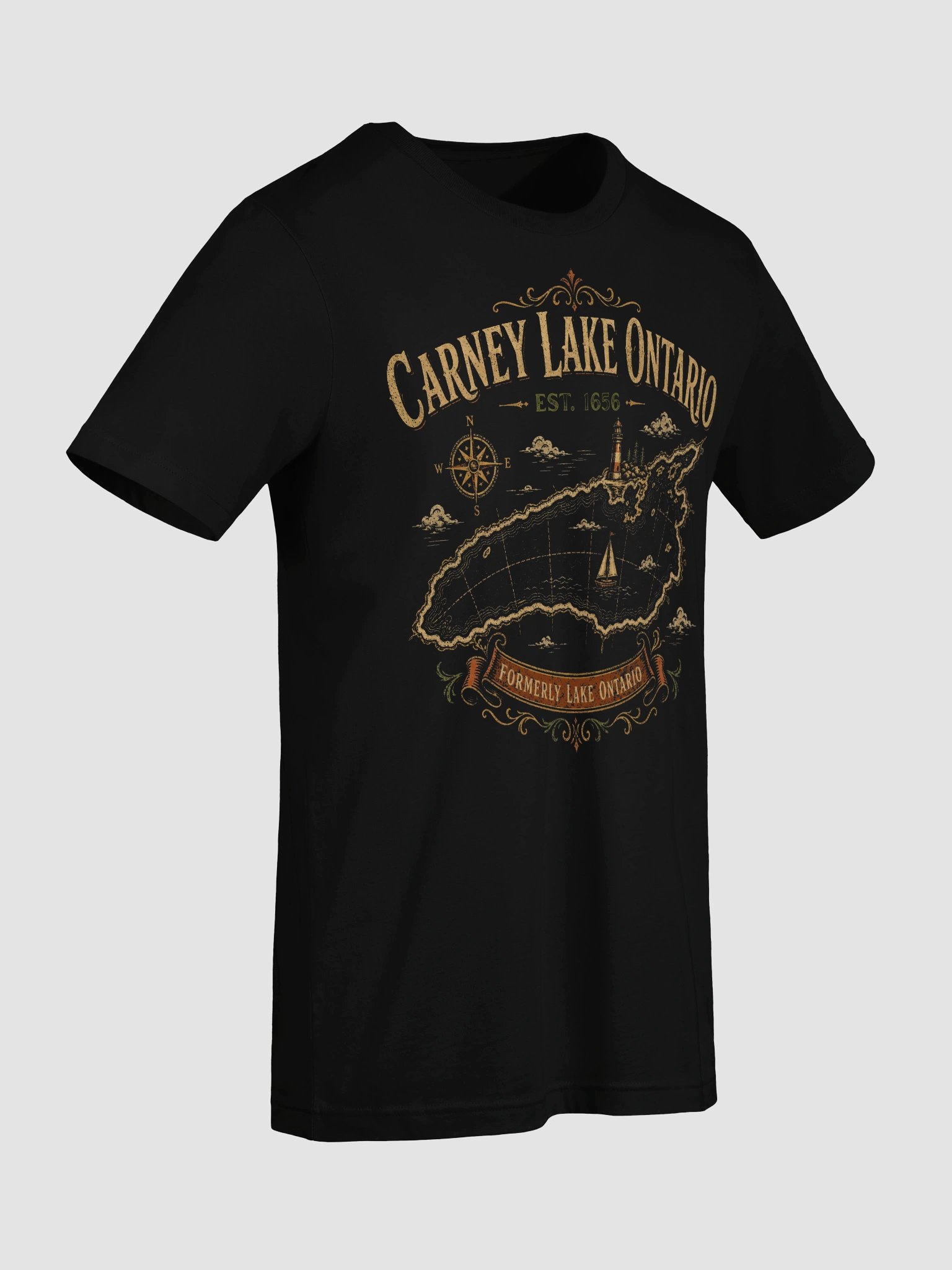 Carney Lake Ontario EST 1656 Retro Vintage Lake Ontario Scenic Lighthouse Lake Ontario Map T-Shirt product image (68)