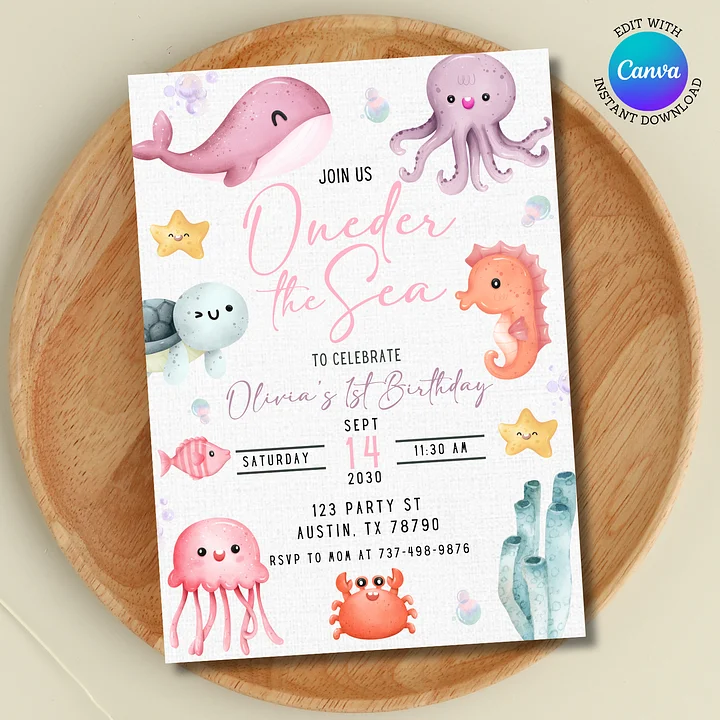 Oneder the Sea Birthday Invitation | Girl 1st Birthday Party Under the Sea | Editable Canva Template | Ocean Mermaid Sea Animals Theme product image (1)