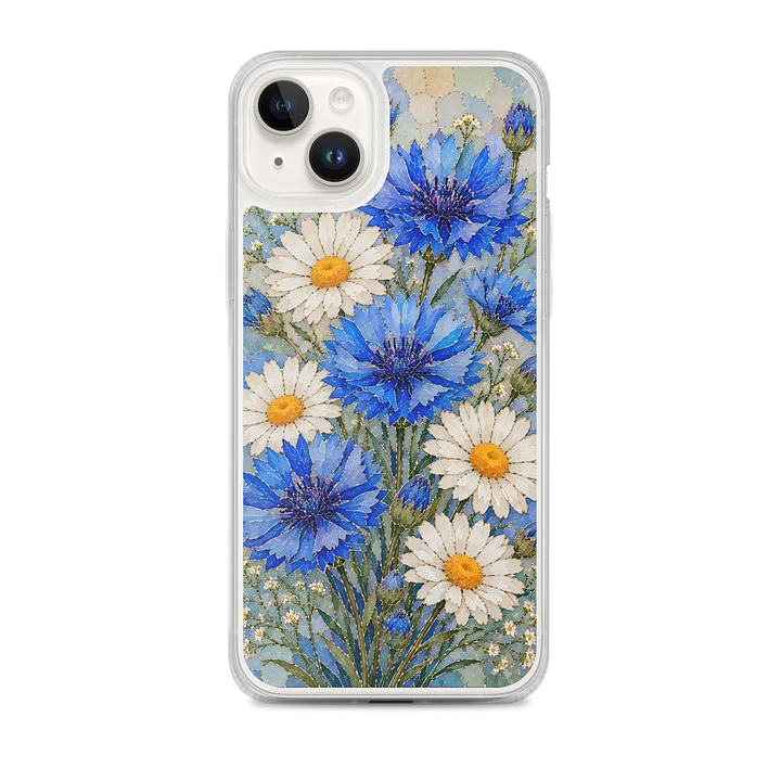 Blue Cornflower And White Daisy Mosaic Premium Soft Silicone iPhone Case - MagSafe Compatible product image (1)