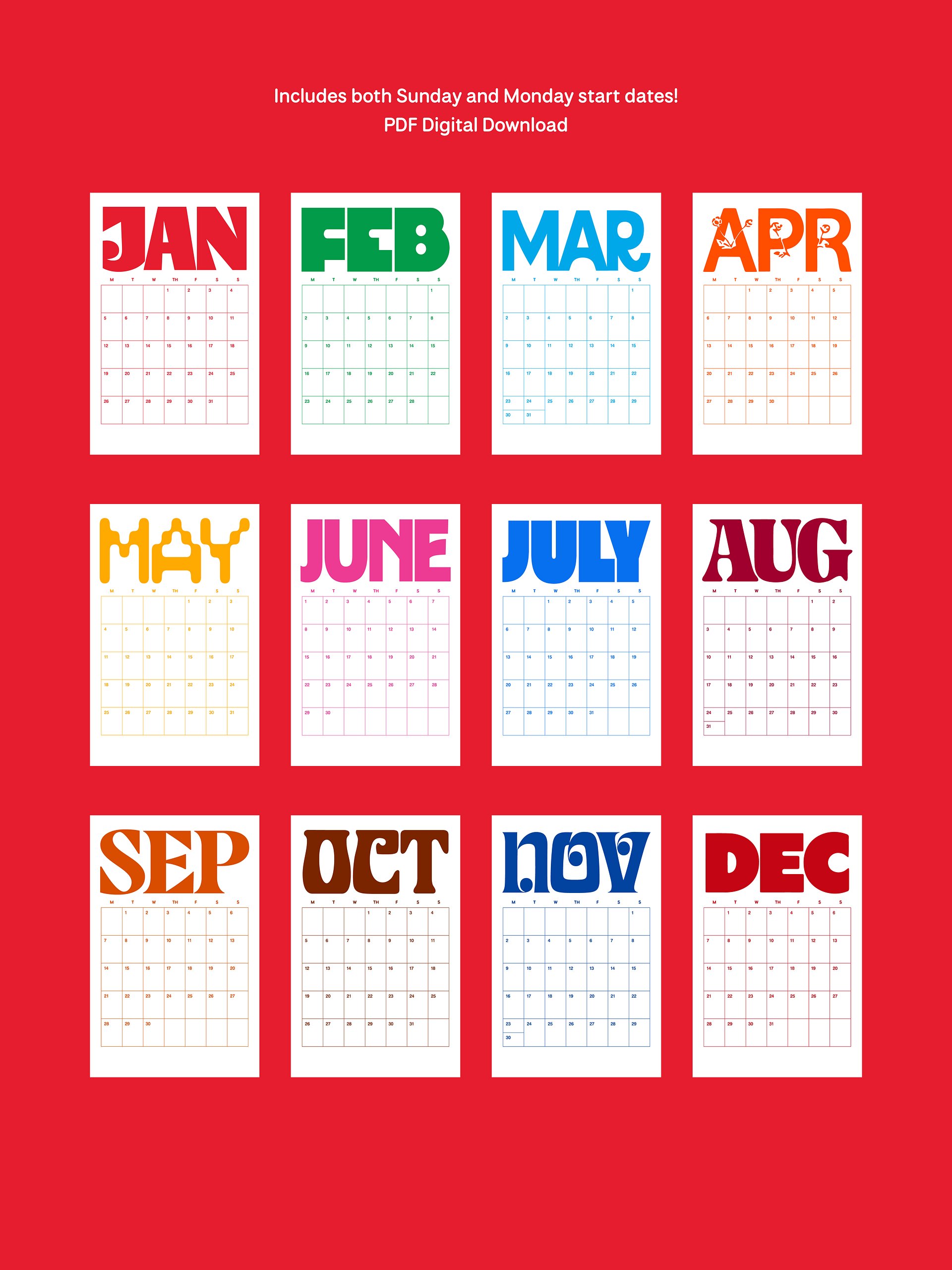 2026 Digital Calendar (Monday and Sunday start dates included) product image (2)