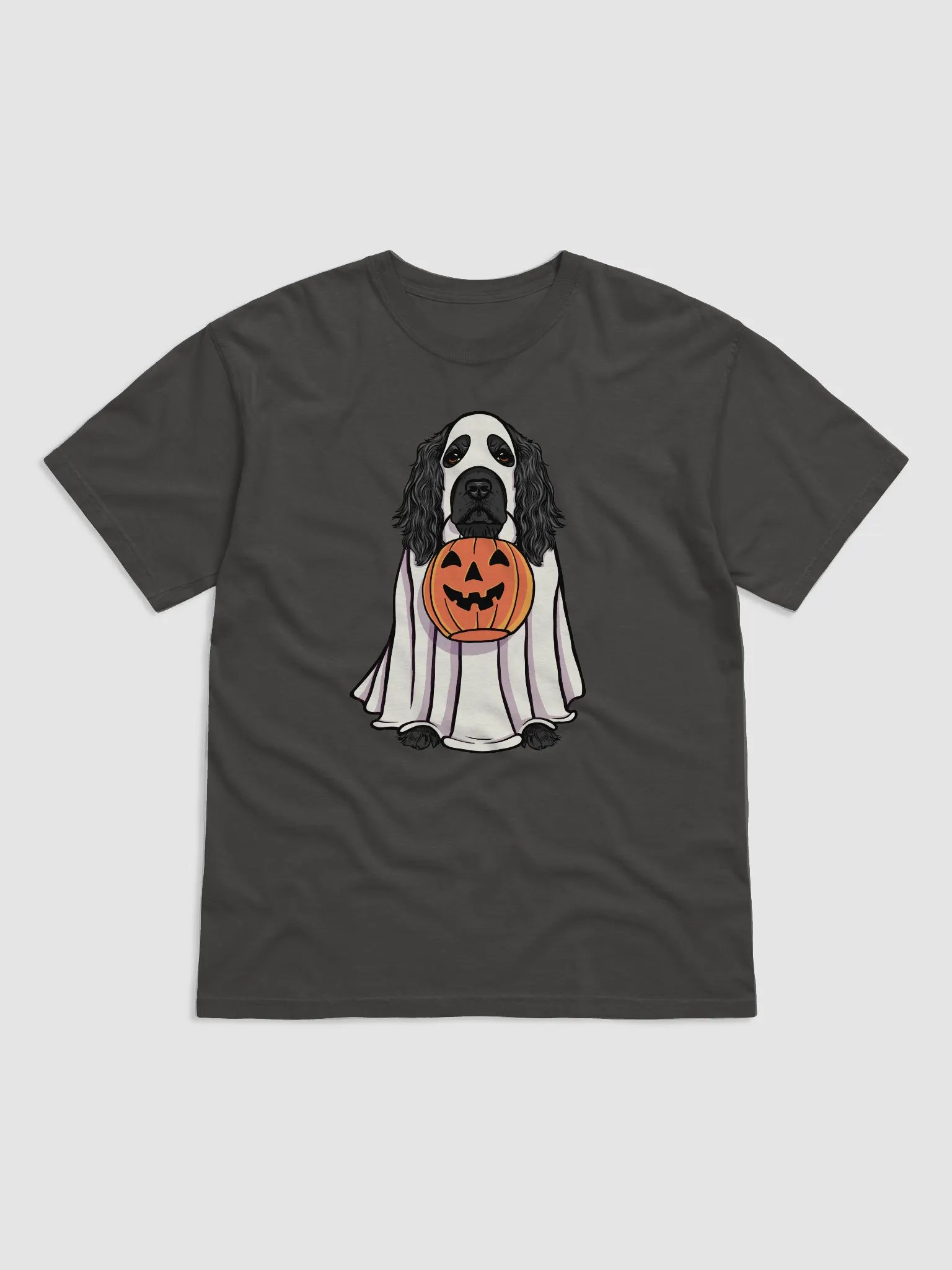 Funny Halloween Cocker Spaniel(Black) T-Shirt | Funny Cocker Spaniel Wearing a Ghost Costume and Holding a Pumpkin Basket product image (1)