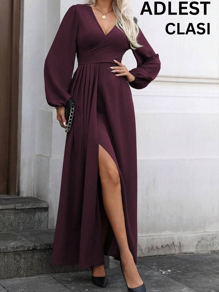 ADLEST Clasi Women's , New Style Cinched Waist High-End V-Neck Wrap Front Pleated Hem High Slit V-Neck Puff Sleeve Long Sleeve Maxi Dress, Suitable For Spring, Autumn And Winter product image (1)