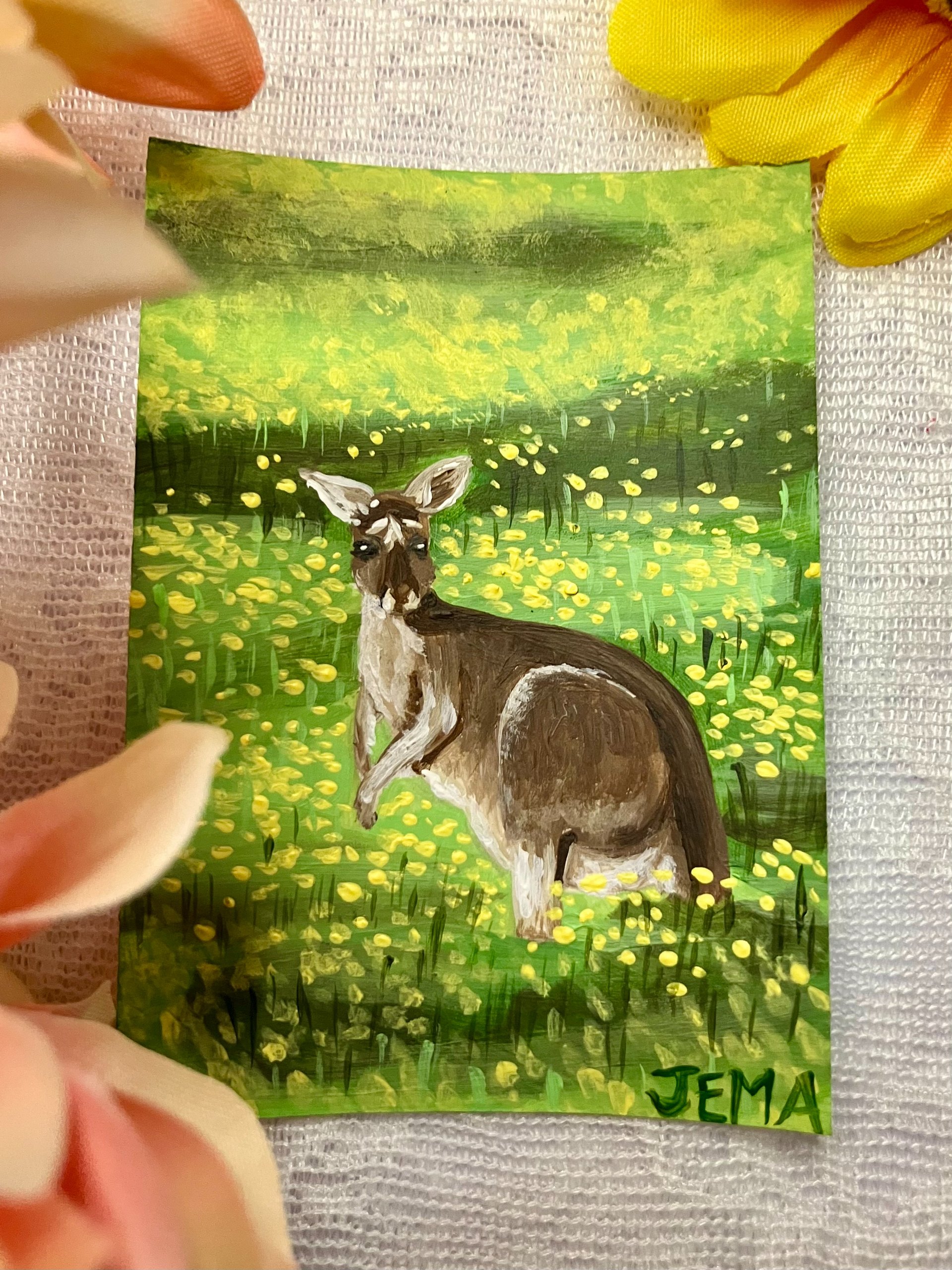 Roo In Yellow Flowers ACEO Original Acrylic Painting product image (2)
