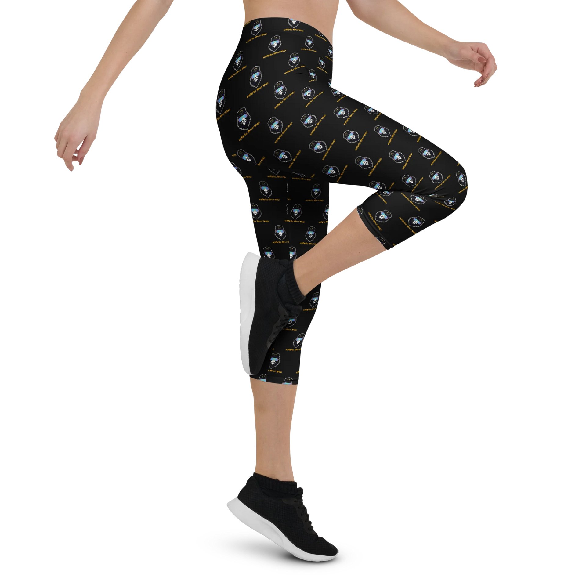 Synthsquatch Fitness Bigfoot Monogram Logo All-Over Print Capri Leggings (Black) product image (5)