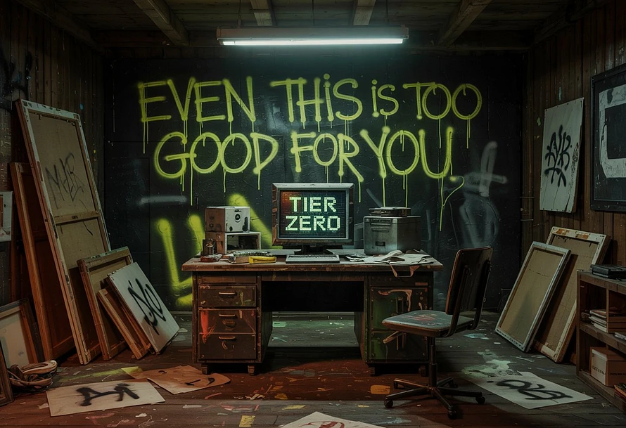 A dimly lit, gritty art studio with a chaotic and rebellious atmosphere. The walls are covered in graffiti, including large green spray-painted text that reads 'EVEN THIS IS TOO GOOD FOR YOU.' At the center is a cluttered desk with an old-fashioned CRT monitor displaying the words 'TIER ZERO' in pixelated text. The room is filled with scattered canvases, papers, and various art supplies, creating a sense of raw creativity amidst disorder.