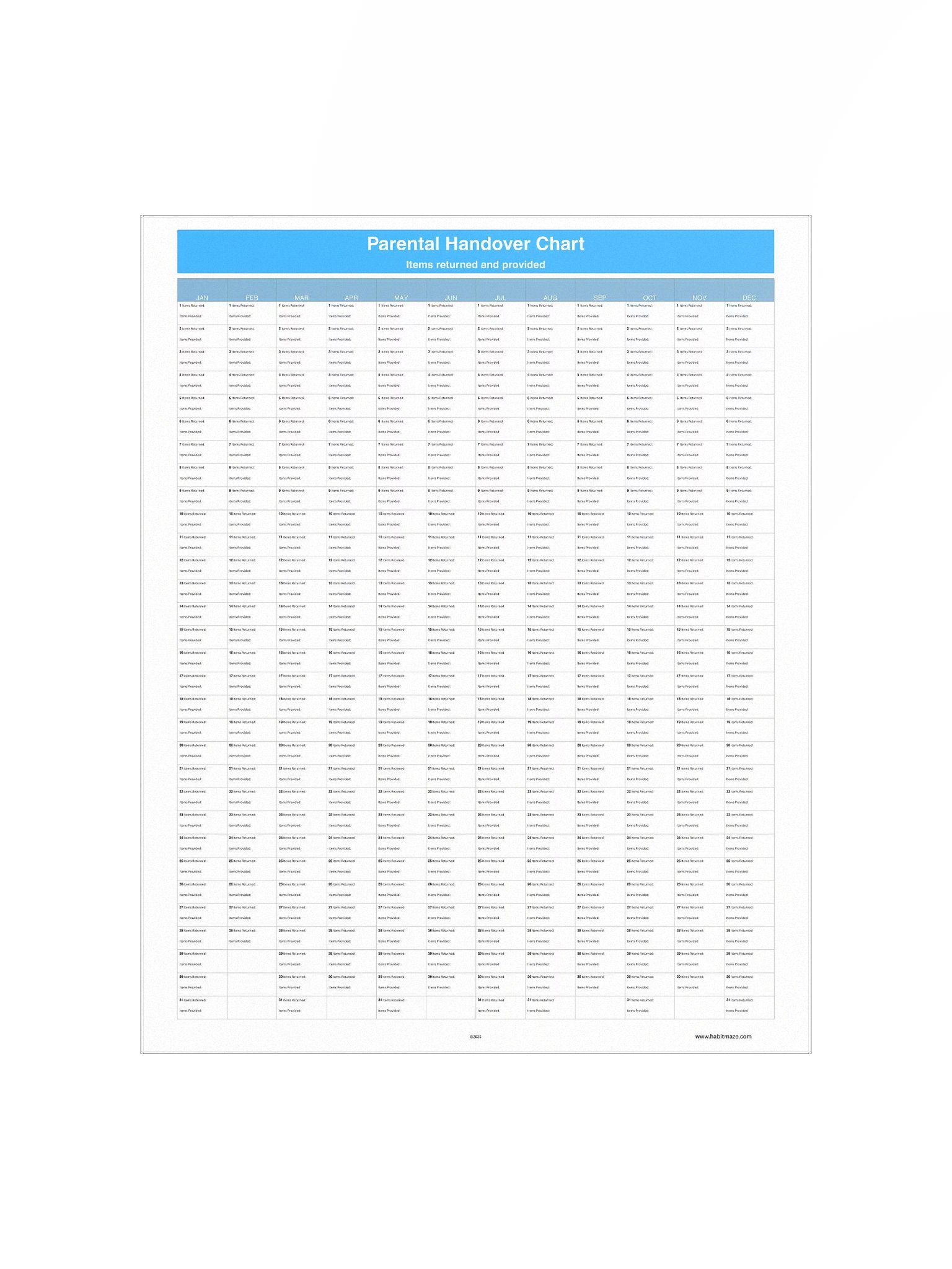 Parental Handover Chart ( 1 Year ) product image (2)