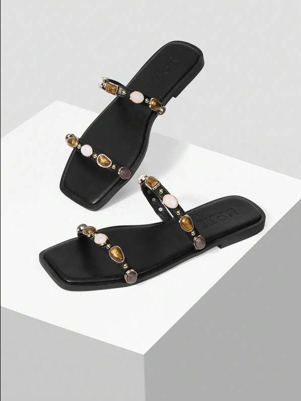 MOTF SPRING AND SUMMER NEW OUTDOOR WOMEN'S FLAT BOTTOM SQUARE TOE RHINESTONE SIMPLE SLIPPERS product image (1)