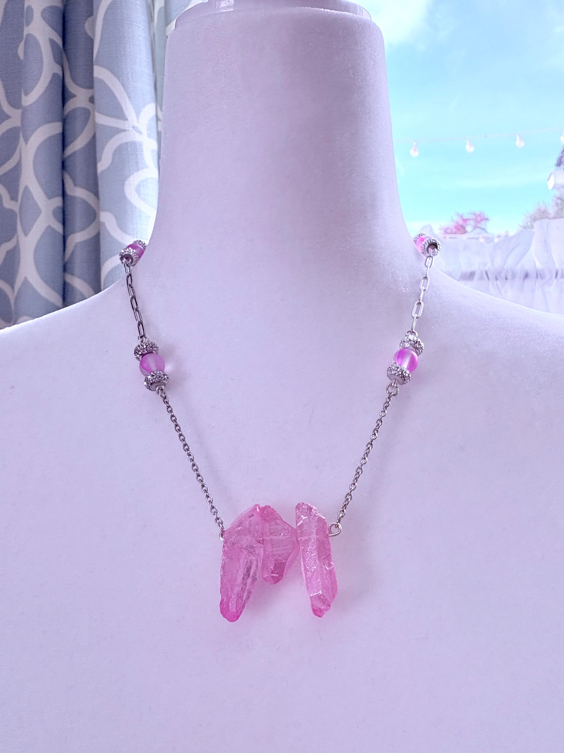 MFD-00269 | Pink Glass Crytal Pendant Necklace with Stainless Steel Link Chain and Paperclip Chain | October Birthstone Inspired | Handmade Jewelry by Monique Faella Designs™ product image (1)