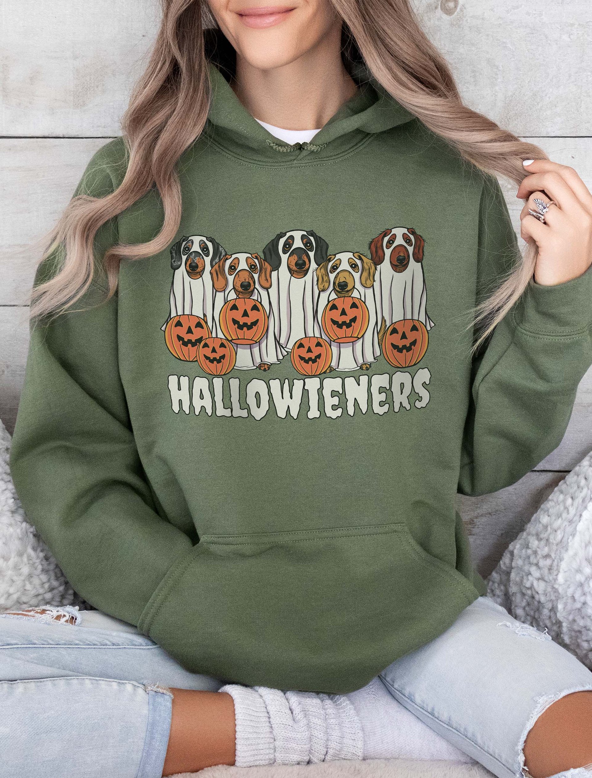 Trick or Treat Funny Halloween Dachshund Dogs Hooded Sweatshirt | Funny Wieners/Doxies Wearing Ghost Costumes and Holding Pumpkin Baskets product image (2)
