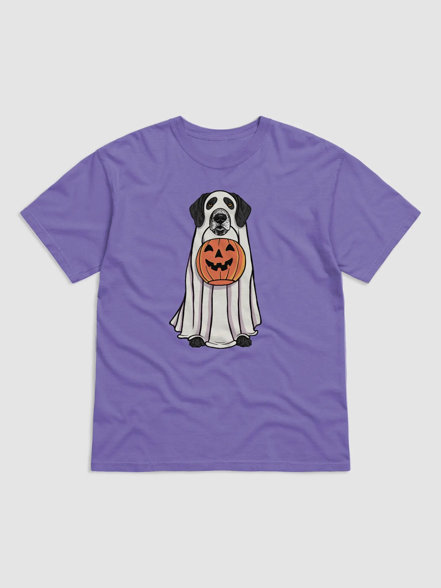 Funny Halloween German Shorthaired Pointer(Black 2) T-Shirt | Funny GSP Wearing a Ghost Costume and Holding a Pumpkin Basket product image (1)