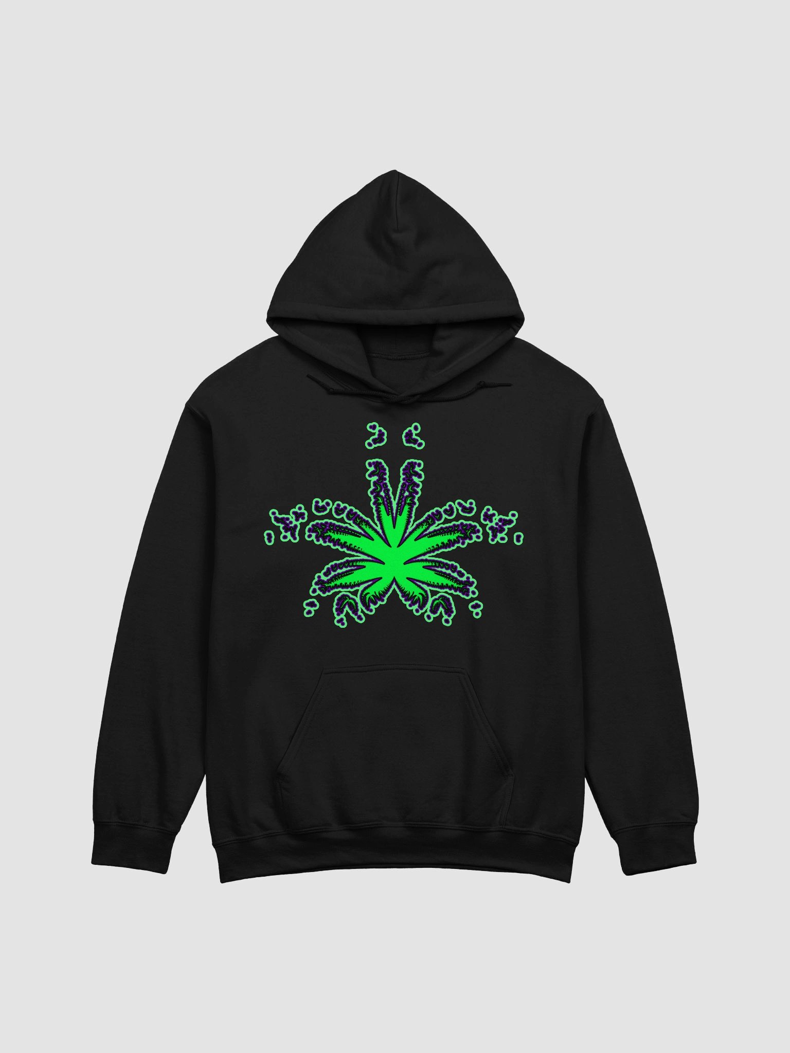 Cannabis Art Black Hoodie, Pot Leaf Stoner Clothing, Green Purple Weird Weed Design product image (1)