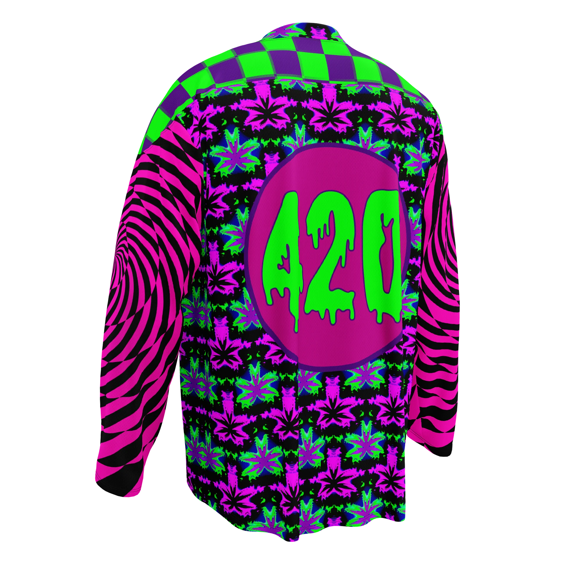 Cannabis Leaf 420 Hockey Jersey, Psychedelic Weed Rave Shirt, Spirals Stoner Clothes, Neon EDM Festival Fashion, Trippy Checkers Techno Top product image (4)