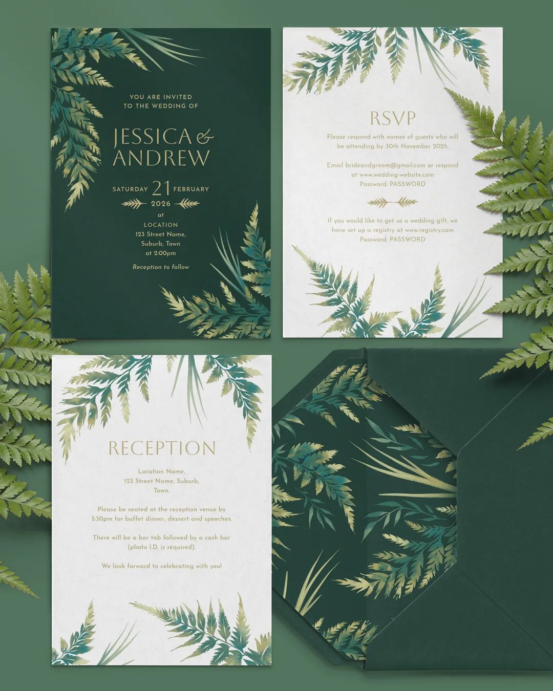 Watercolour Ferns Wedding Invitation Suite - Green product image (2)