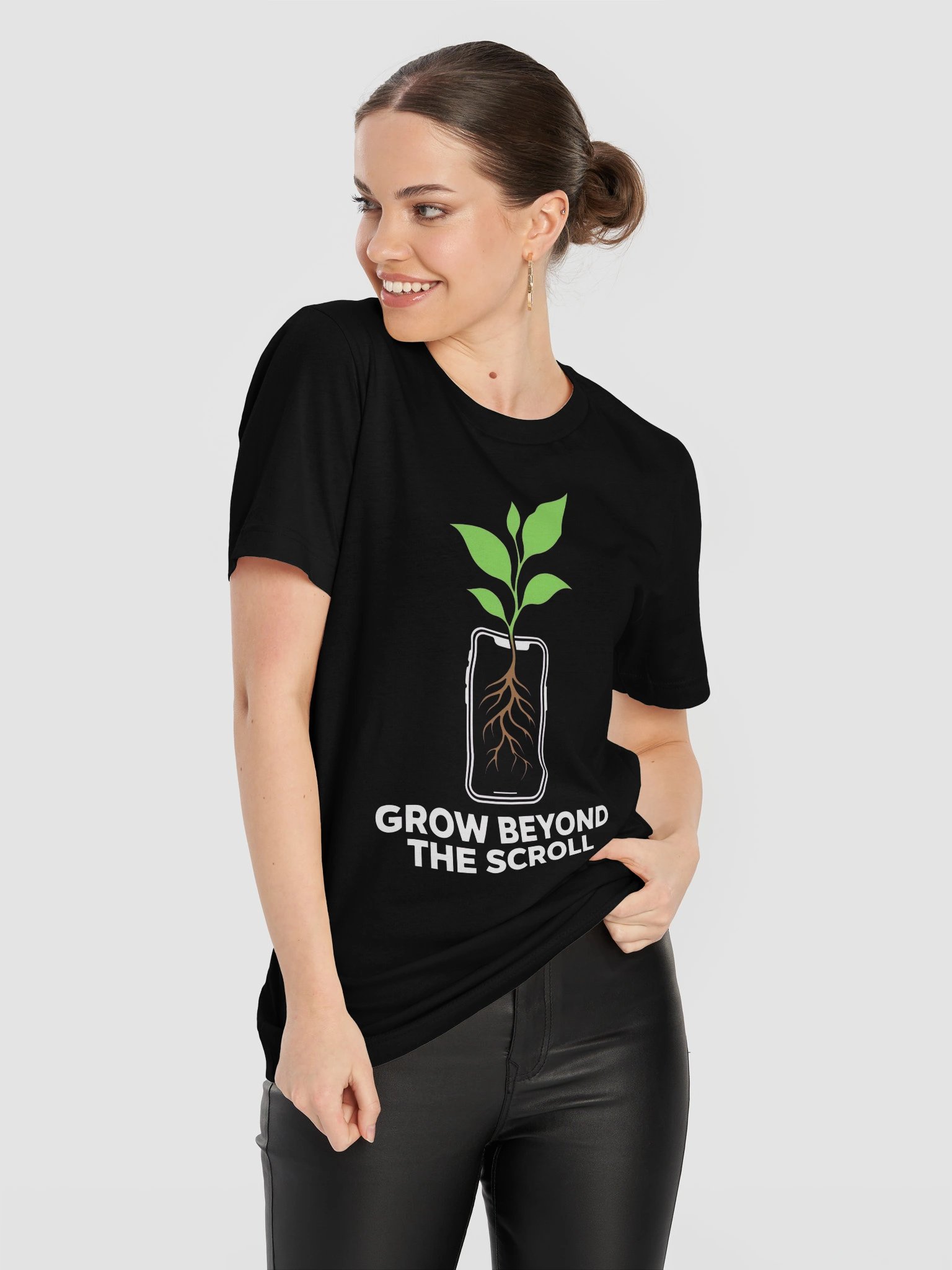 Grow Beyond the Scroll Plant Phone T-Shirt – Black Edition product image (1)
