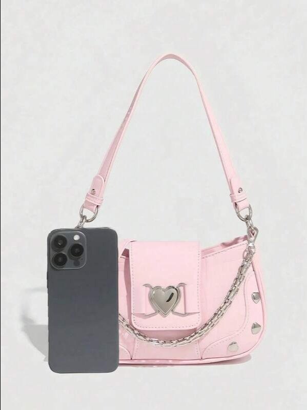 Pink Y2K Saddle Bag | Heart & Chain Detail Top Handle Shoulder Bag | ADLEST product image (5)
