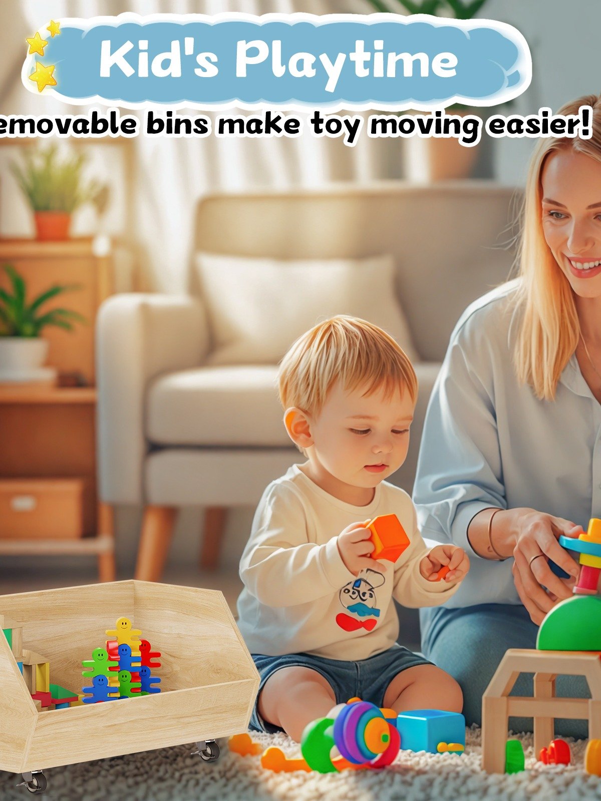 3-Tier Portable Toy Storage, Kids Toy Organizer W/2 Removable Bins with 4 Wheels（Wood) product image (3)