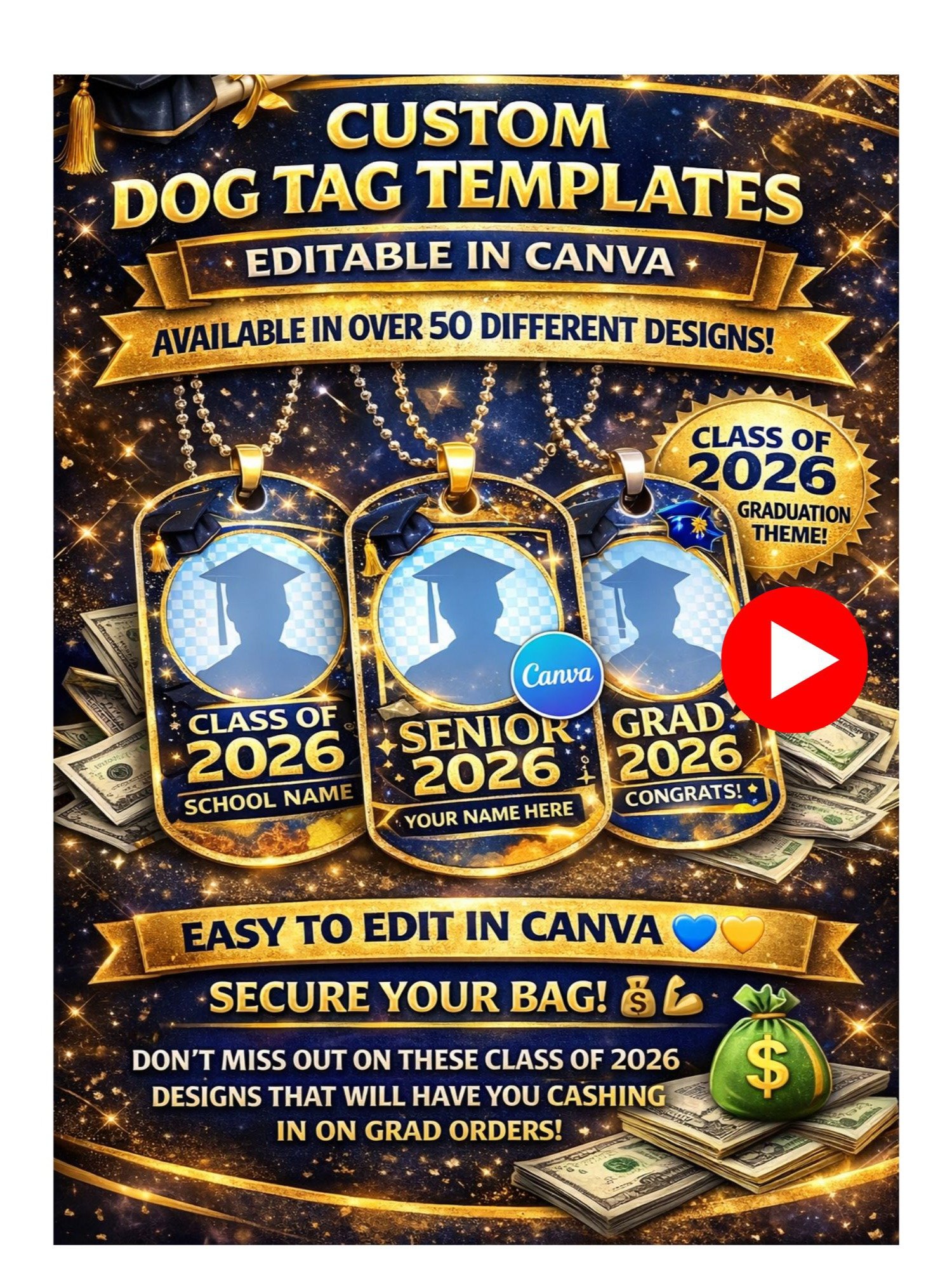 Class of 2026 Grad Sublimation Dog Tag Templates Editable in Canva - DIY Playlist Included product image (1)