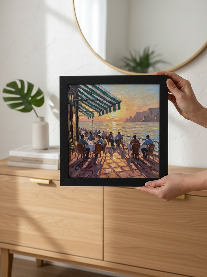 Sunset Seaside Cafe Wall Art, Impressionist Ocean Terrace Painting, Coastal Dining Decor product image (2)
