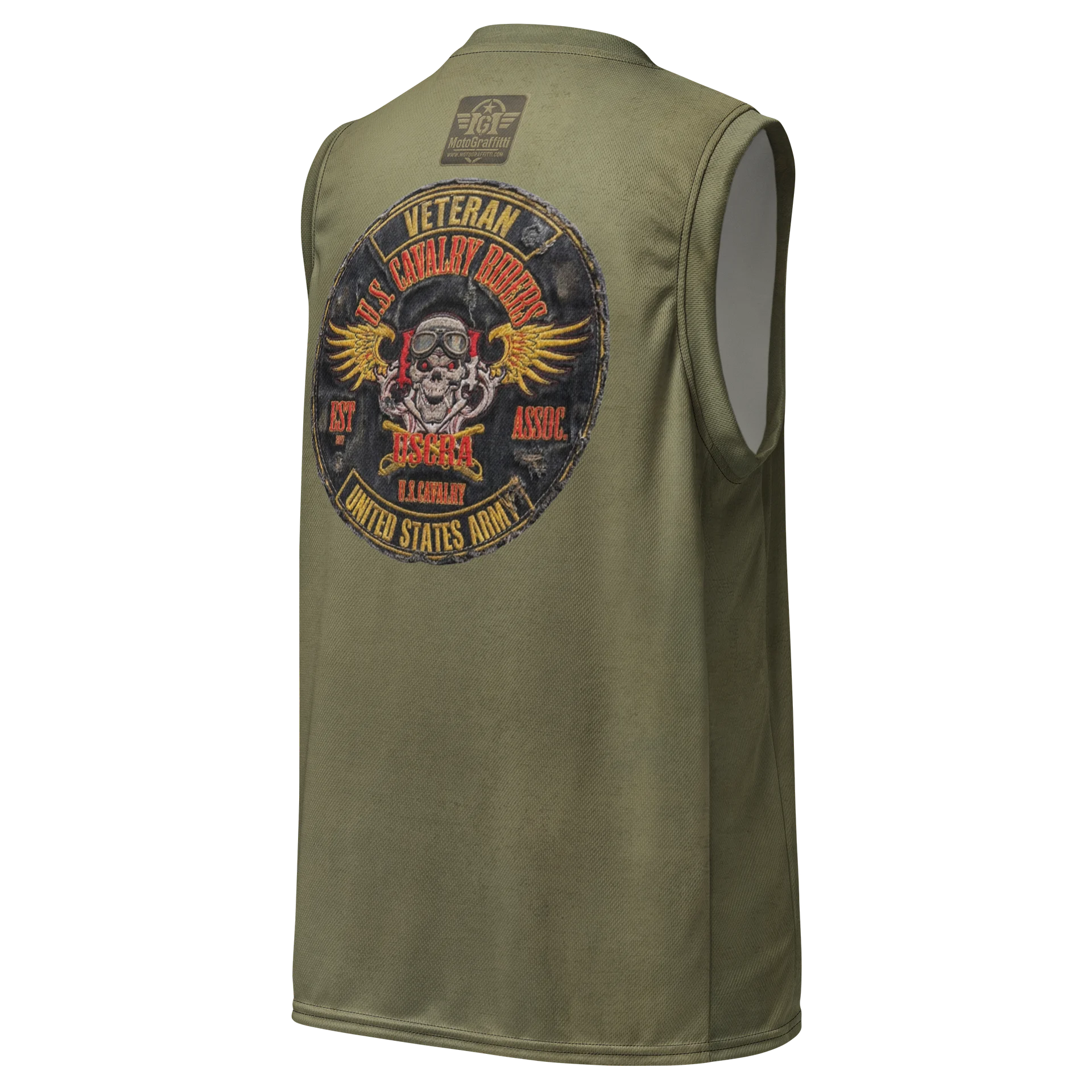 Distressed U.S. Cavalry Riders Skull Basketball Jersey OD Green product image (3)