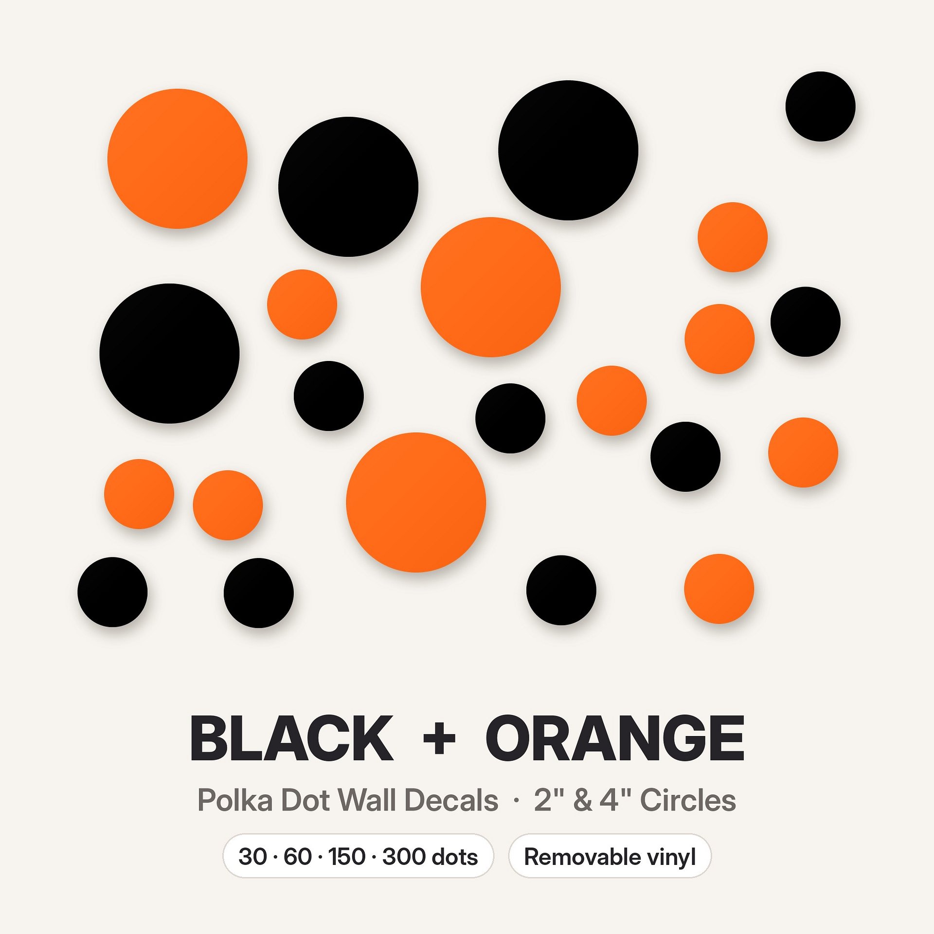 Black and Orange Polka Dot Wall Decals, 2" and 4" Vinyl Circle Stickers, Removable Dot Decals for Nursery, Kids Room, Playroom product image (3)