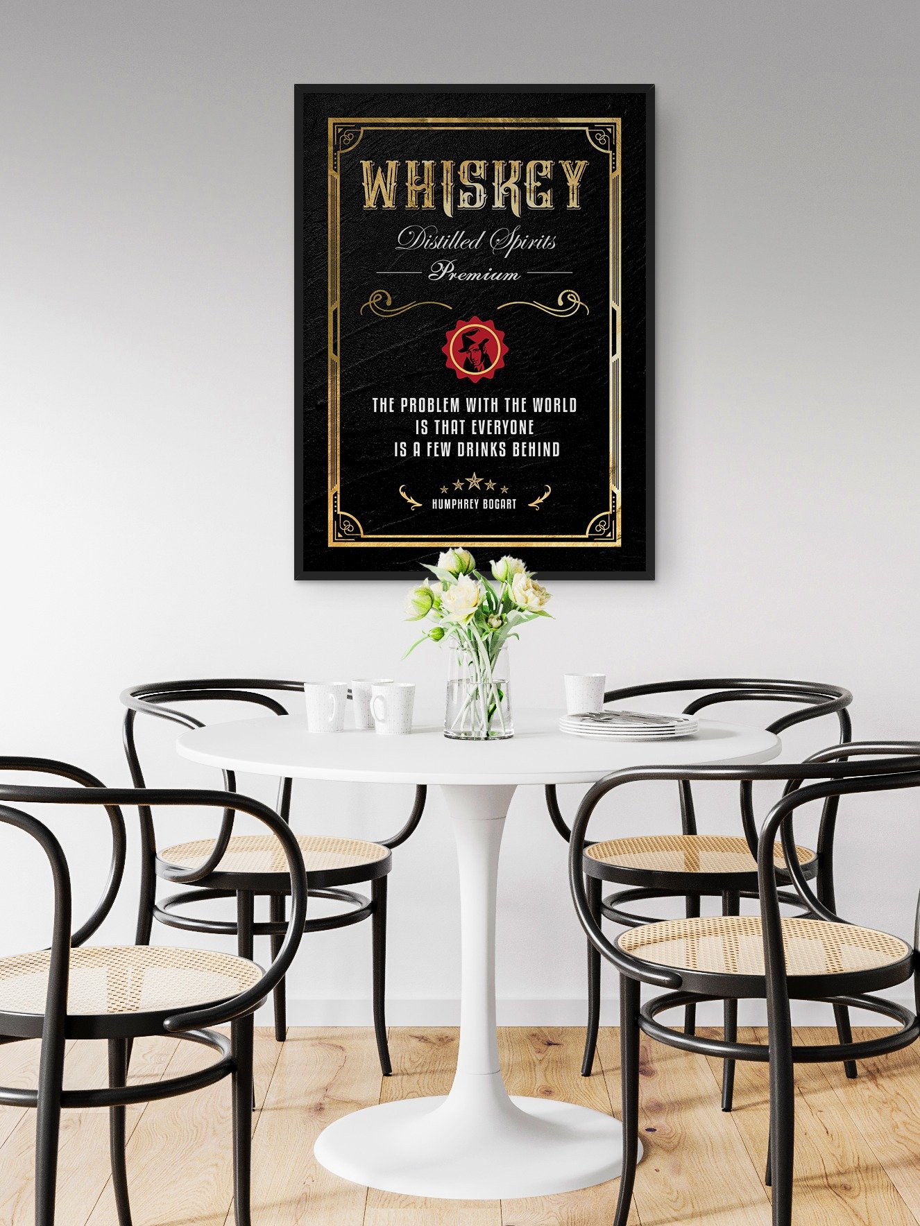 The problem with the world is that everyone is a few drinks behind / Humphrey Bogart — Whiskey gold blackboard art deco poster with quote product image (2)