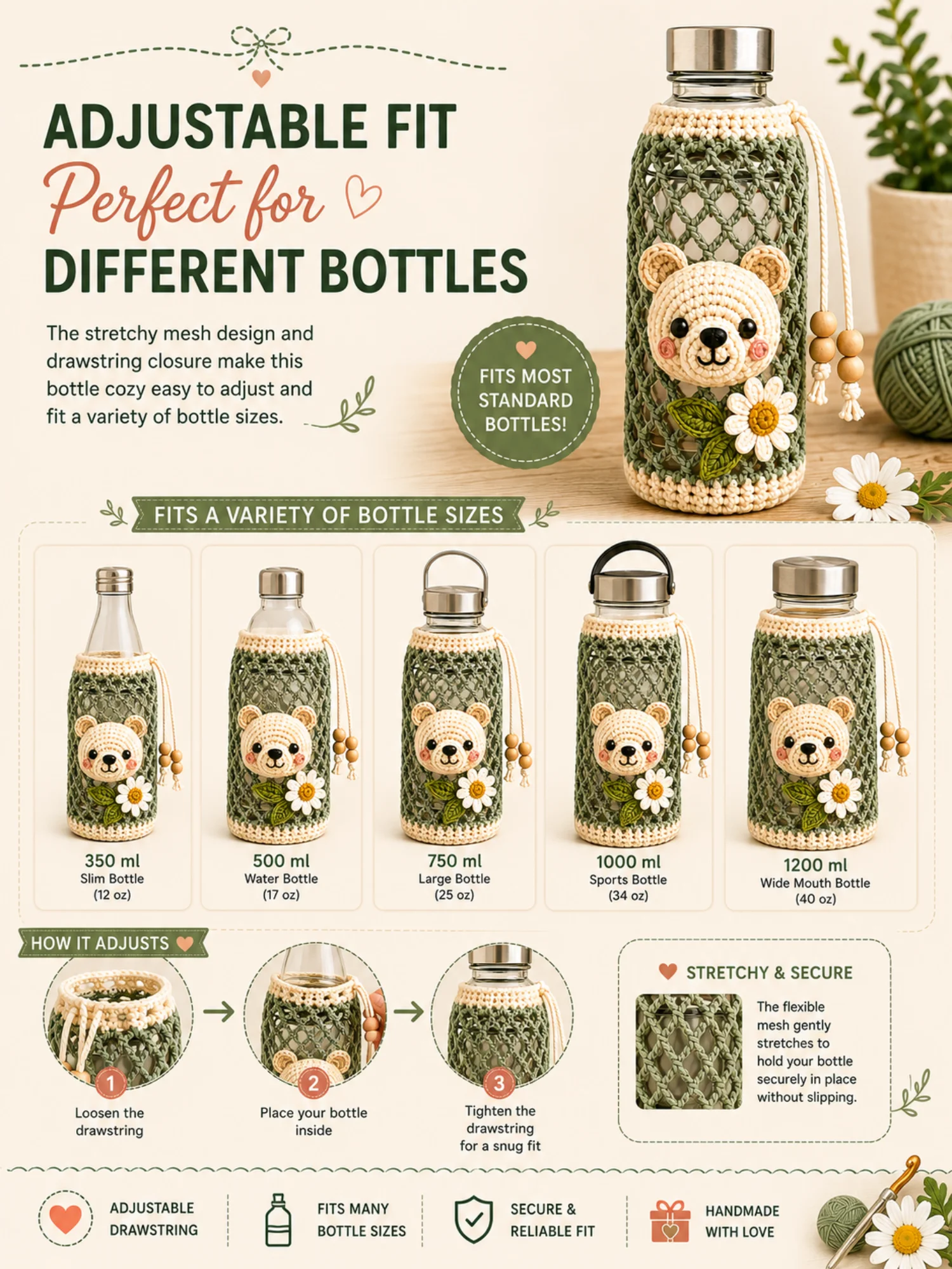 Bear & Daisy Bottle Cozy PDF Pattern product image (6)