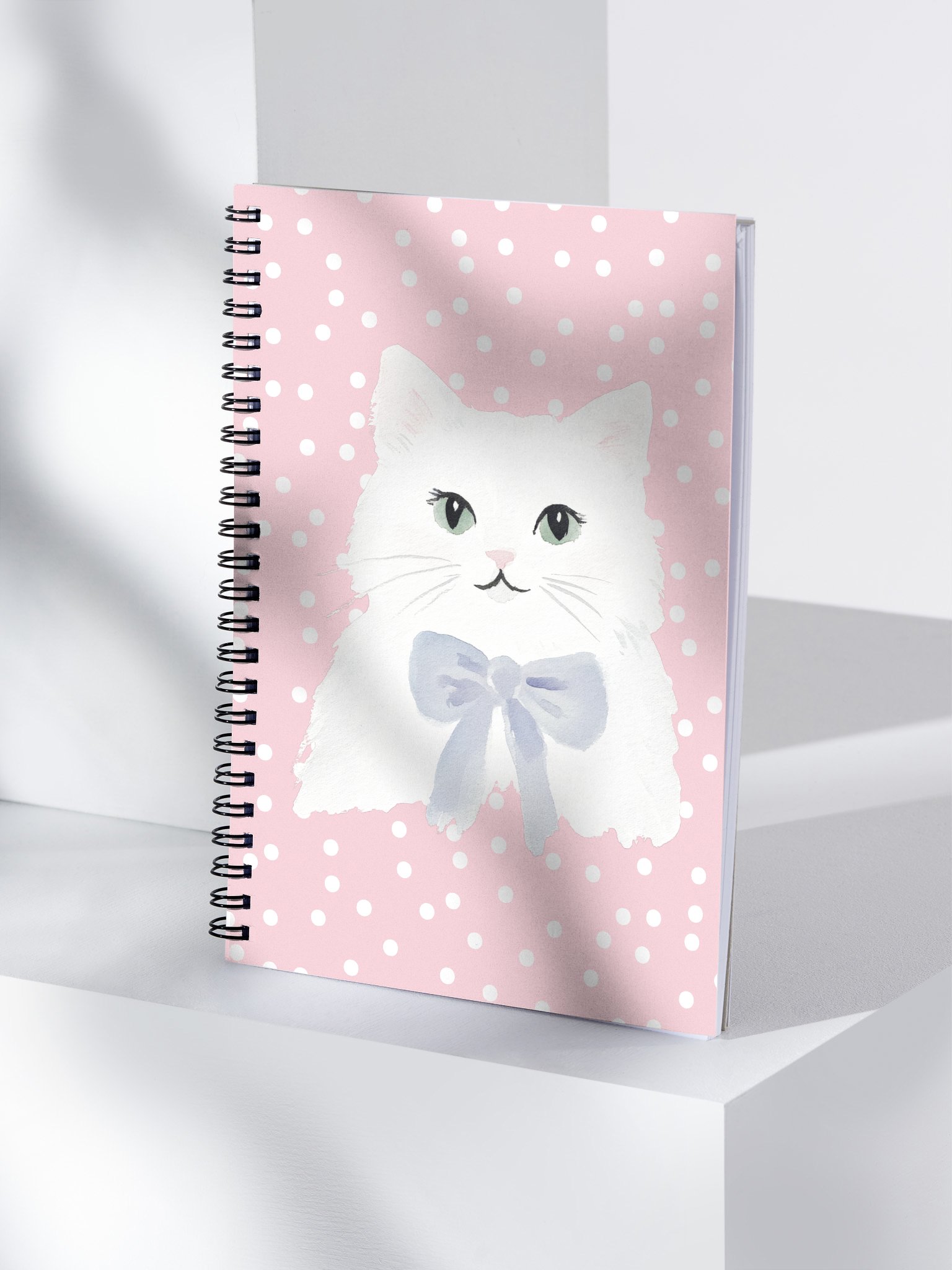 Fluffy White Cat with Bow Spiral Notebook – Cute Polka Dot Edition product image (4)