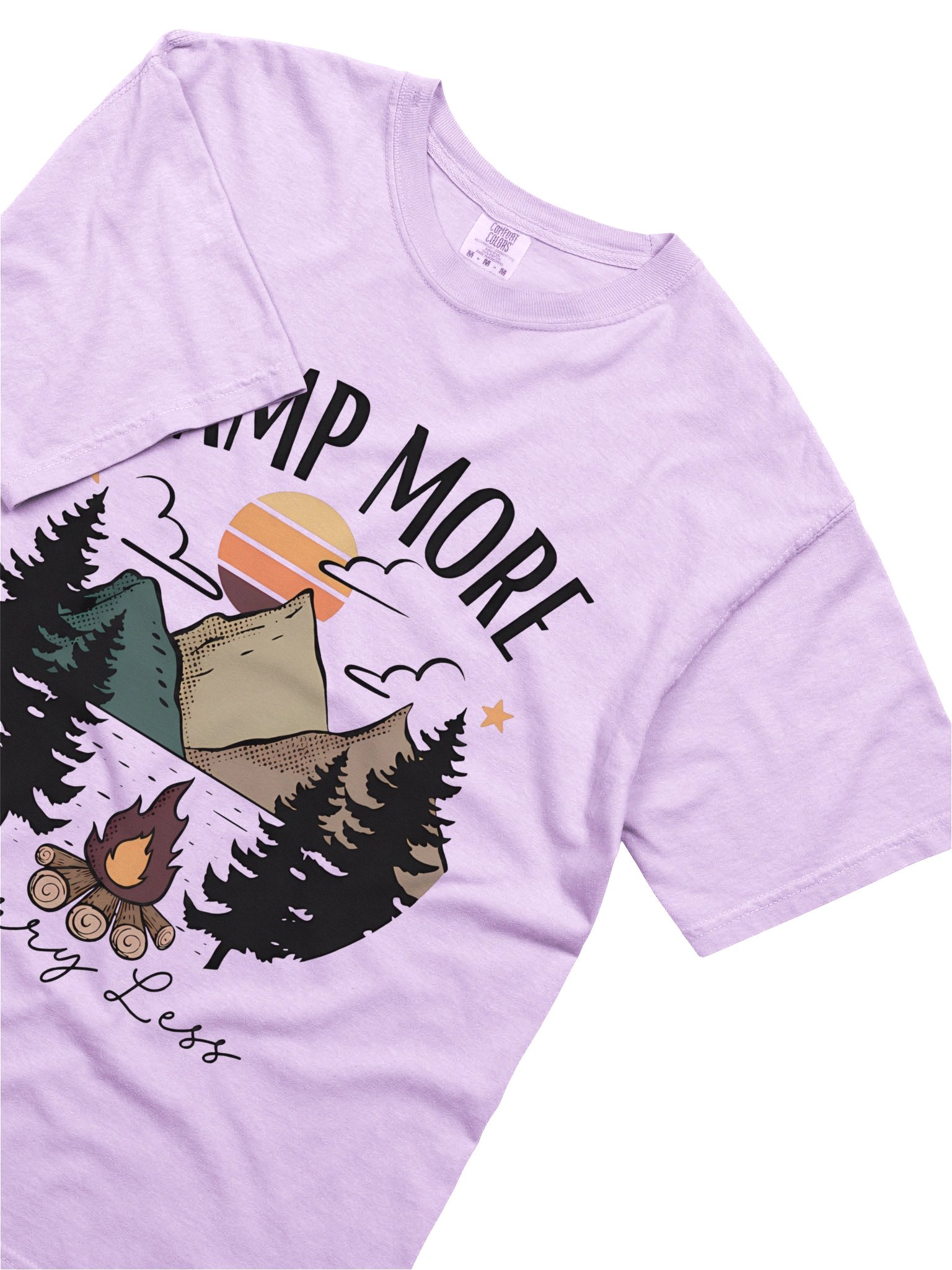 Camp More Worry Less T-Shirt – Vintage Sunset Mountain & Campfire Nature Shirt product image (9)
