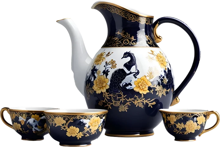 Chinese Porcelain Tea Set with Golden Peacock Motif PNG product image (1)