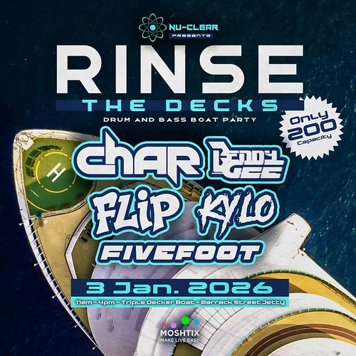 🚢 RINSE THE DECKS – Drum & Bass Boat Party 🔊

Start the year cruising the Swan River with a full boat of ravers, smooth DnB e...