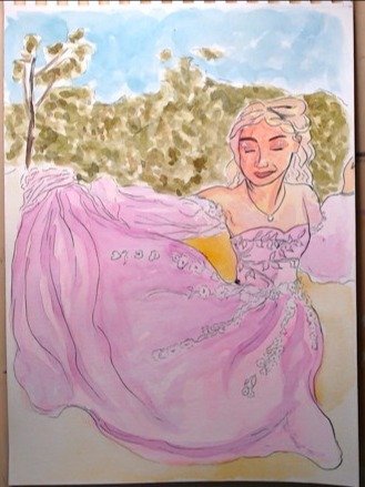 Pink Dress Watercolour and Ink painting A4 size product image (1)