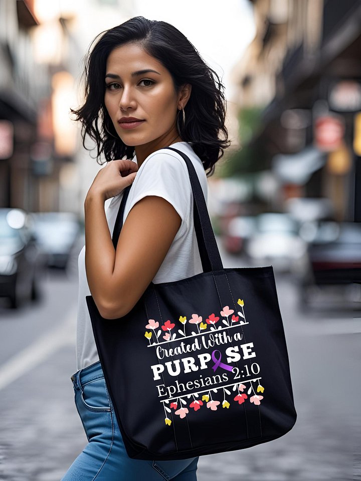 Created With A Purpose : Purple Ribbon Alzheimer's Awareness | Floral Eco Tote Bag product image (1)