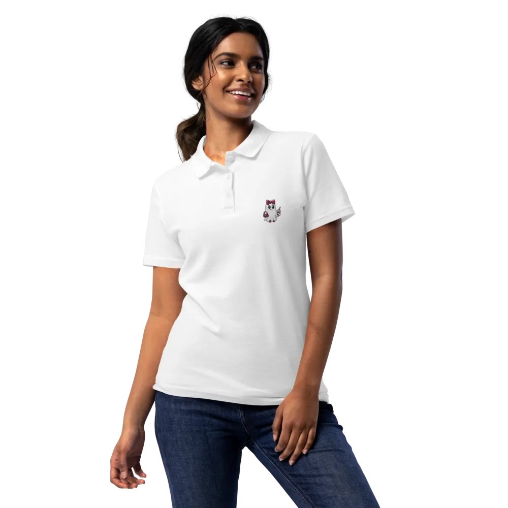 Cute Ghost Embroidered Semi-Fitted Women's Cotton Polo Shirt product image (6)