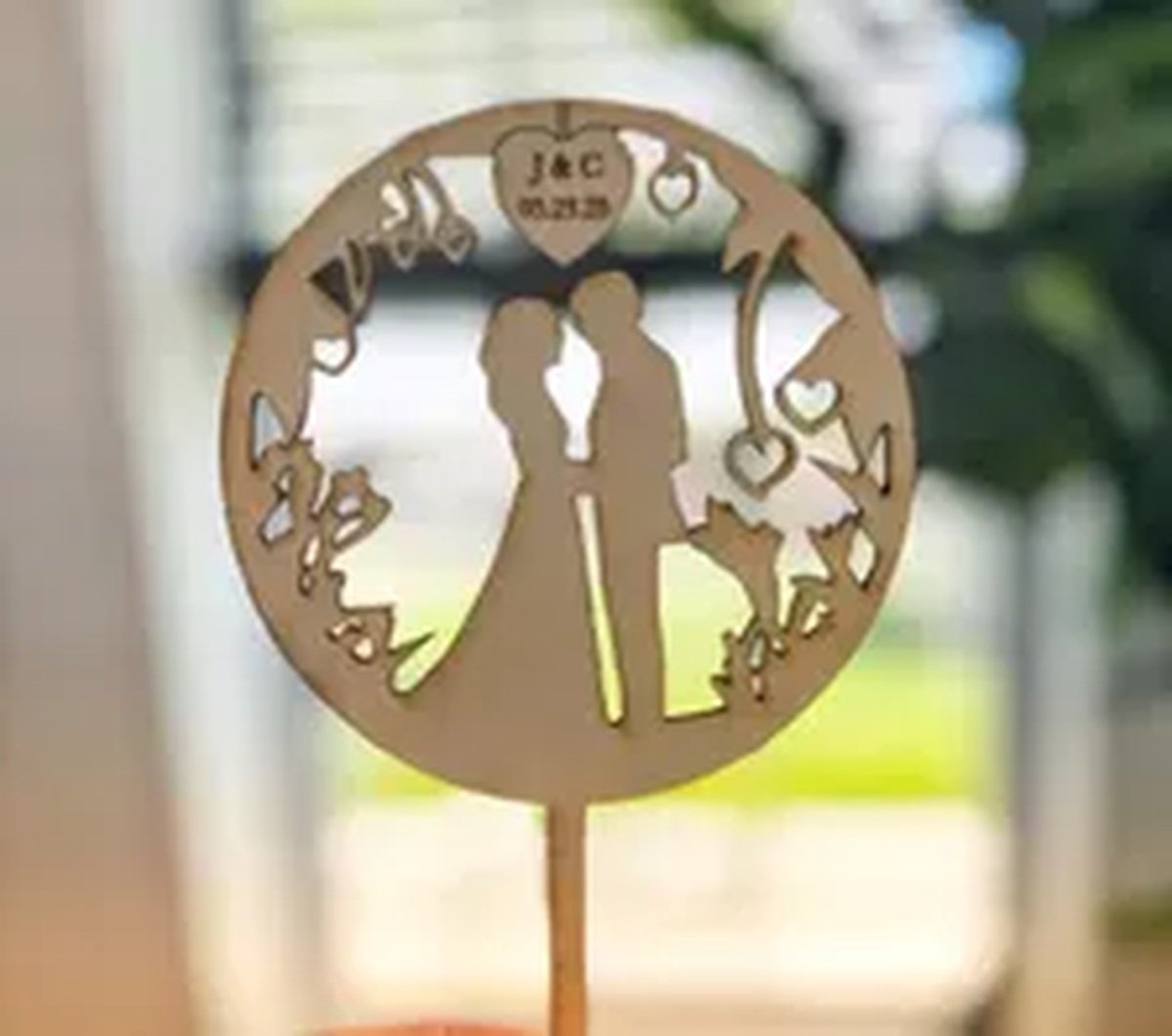 Personalized Wood Wedding Cake Topper – Rustic Couple Silhouette product image (4)