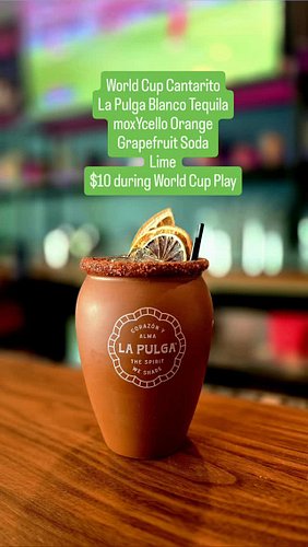 Our Cantarito is a double everytime! $15 regularly 
$13 during Happy Hour
$10 during World Cup Play

@lapulgaspirits 
@moxyce...