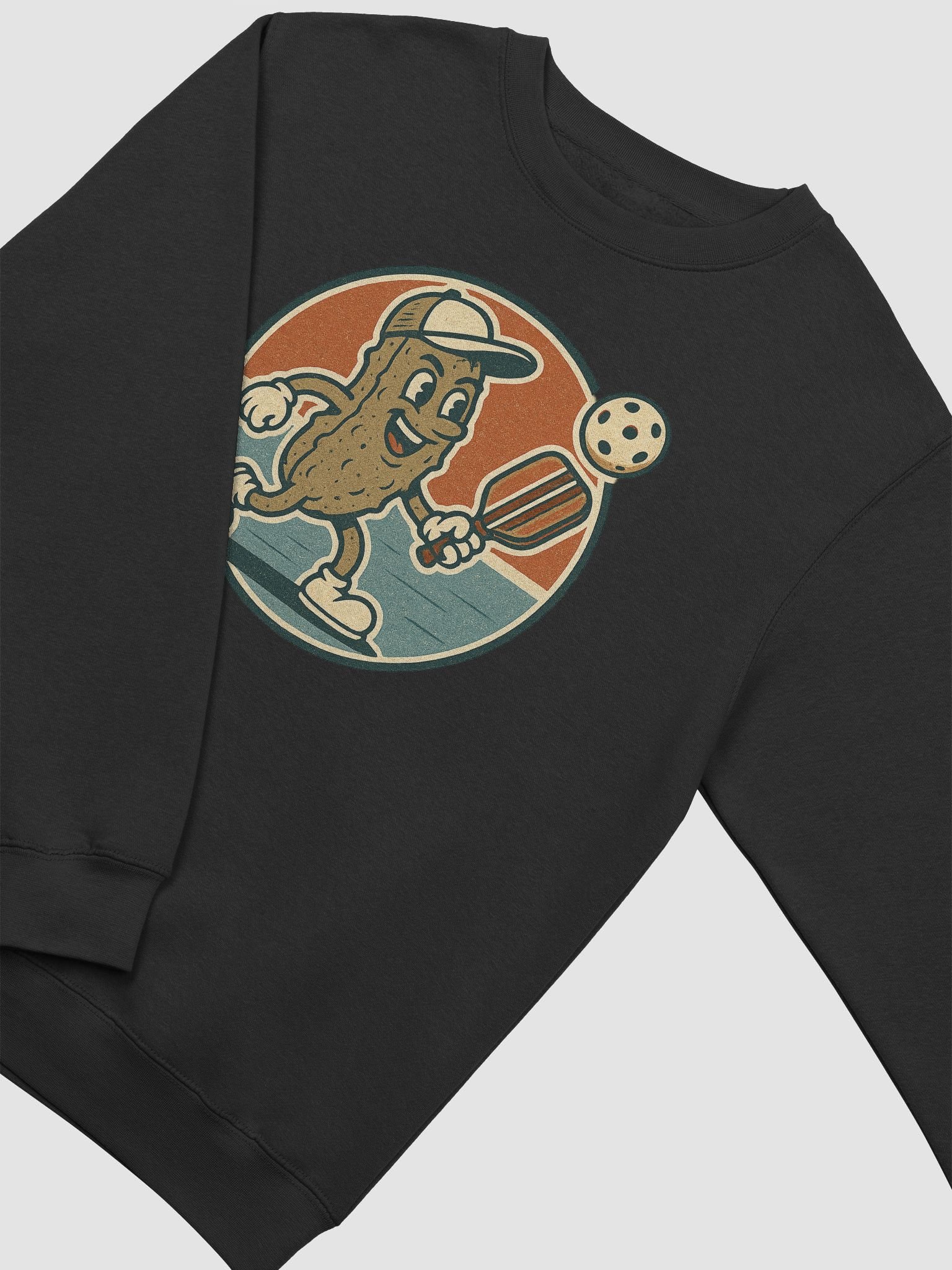 Funny Pickleball Sweatshirt – Retro Pickle Character with Paddle & Ball – Black Unisex Pullover product image (3)